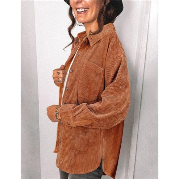 Womens Corduroy Shirt Long Sleeve Oversized Button Up V Neck Blouses - Picture 4 of 6